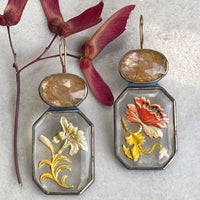 Victorian Painted Glass and Golden Rutilated Quartz Earrings